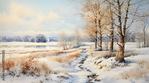 Watercolor wintertime outdoor landscape country road background poster decoration painting