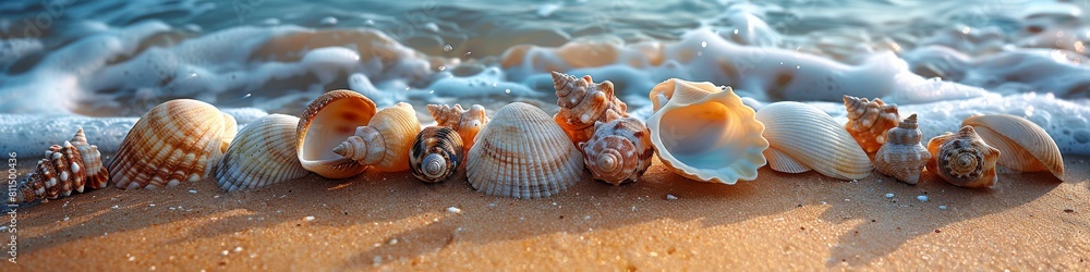 A row a beautifully colored sea shells on the beach in the late afternoon sun. A row a beautifully colored sea shells on the beach in the late afternoon sun.
