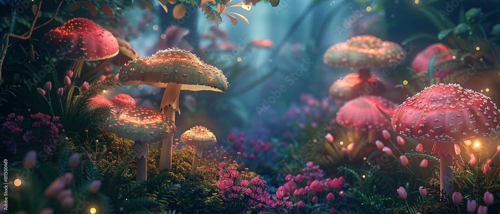 A Fantastical Garden Where Luminous Mushrooms Dance with Flowers in an Ethereal, Whimsical Display A Fantastical Garden Where Luminous Mushrooms Dance with Flowers in an Ethereal, Whimsical Display
