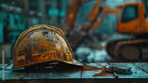 A shot of a slightly dirty work construction helmet after work. labor day concept. AI generated photo