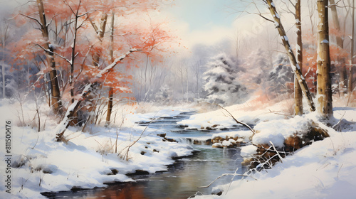 Watercolor wintertime outdoor landscape country road background poster decoration painting © Wu
