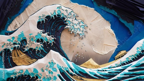 A remarkable paper art of a Great Wave The wave is masterfully crafted with layers of intricate folds and creases, appearing to be on the verge of crashing