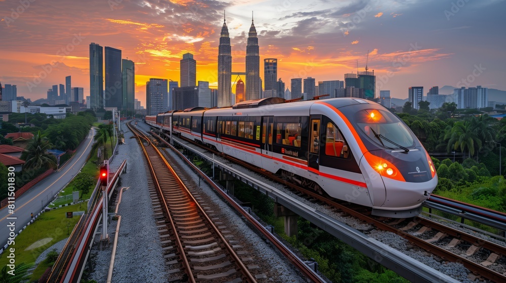 Obraz premium High-Speed Train at Dawn in Urban Setting. High-speed train travels through an urban landscape at dawn, with the city skyline bathed in the warm glow of the sunrise.