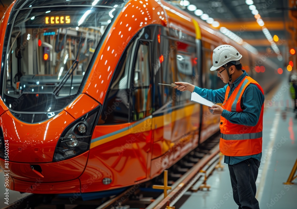Fototapeta premium Rail Engineer Conducting Train Inspection. Rail engineer in safety gear uses a clipboard to inspect a modern red metro train, ensuring all standards are met for operational safety.