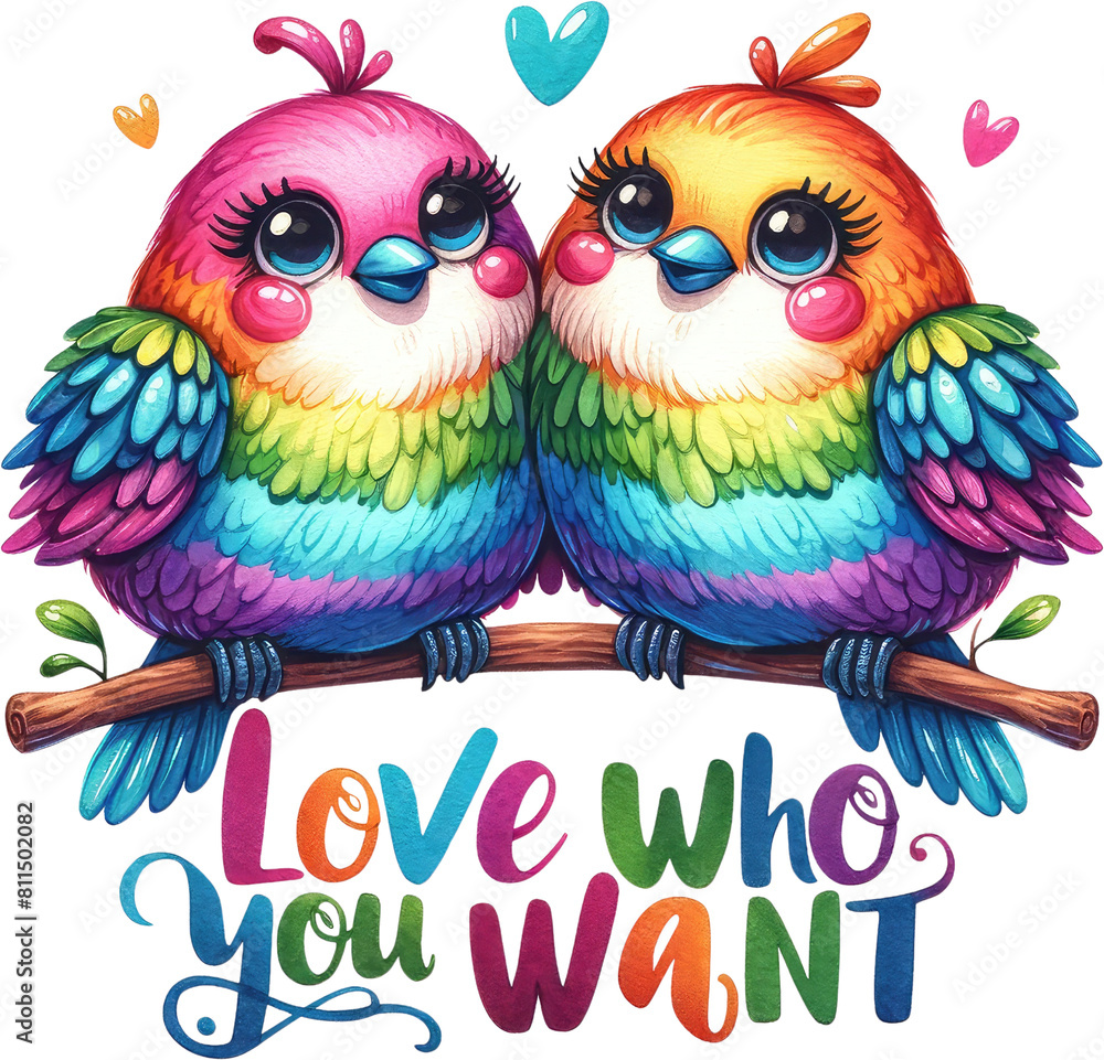 Fototapeta premium Watercolor Pride Month Clipart: LGBT Rights, Rainbow, and Diversity Themes. Colorful LGBT Pride Birds: Gay, Lesbian, Bisexual, Transgender Symbols. Handcrafted Celebrating Pride, Equality, and Love