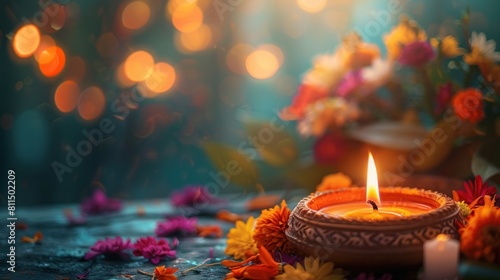 Beautiful candles on a background of colorful flowers and blurred oil lamps, diwali concept. photo