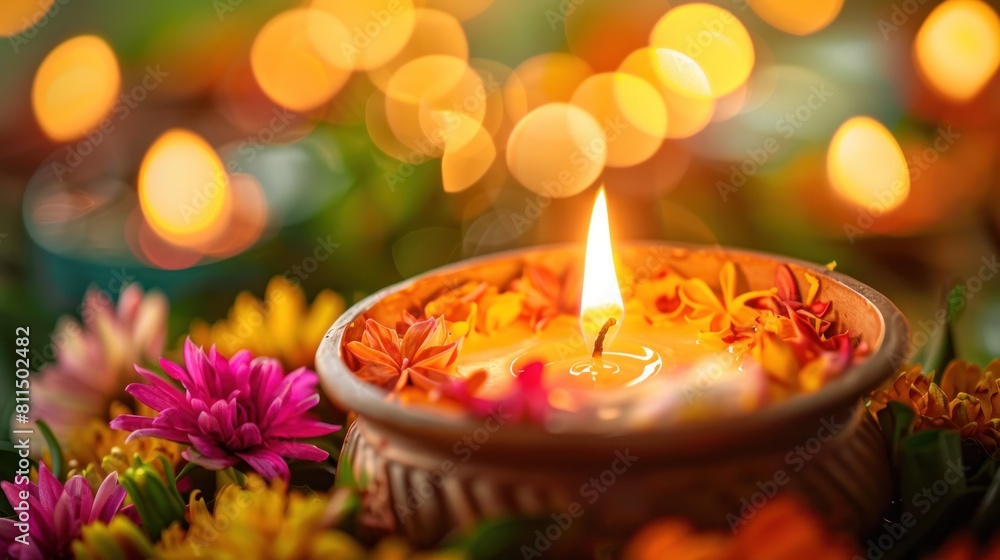 Obraz premium Beautiful candles on a background of colorful flowers and blurred oil lamps, diwali concept.