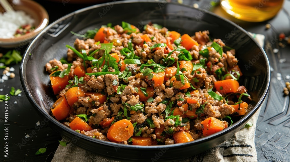 Pan fried ground meat with sauce and carrots Pan fried ground meat with sauce and carrots