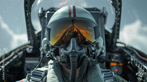 A fighter pilot in a cockpit with goggles Generative AI. photo