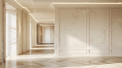 Wallpaper Mural Modern luxury house with cream walls, marble trim, and oak floors in daylight. Torontodigital.ca