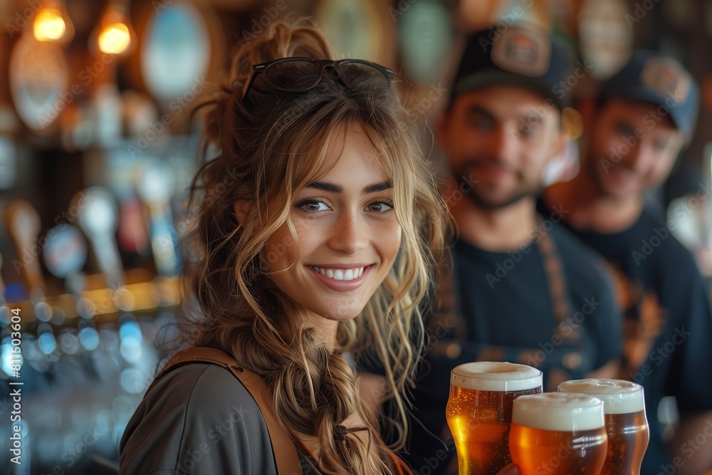 Young Woman Enjoying Beer at Local Pub. Cheerful young woman holding beers with friends blurred in the background at a cozy, well-lit bar. Young Woman Enjoying Beer at Local Pub. Cheerful young woman holding beers with friends blurred in the background at a cozy, well-lit bar.
