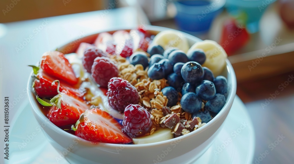 Acai Bowl Breakfast, straberry, Banana, Corn flakes in food