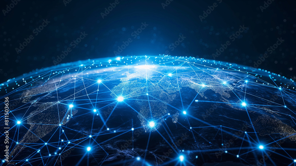 Vector illustrations of blue futuristic world map or globe with circuit line connecting the dot.Digital communication innovation and technology concepts. Vector illustrations of blue futuristic world map or globe with circuit line connecting the dot.Digital communication innovation and technology concepts.