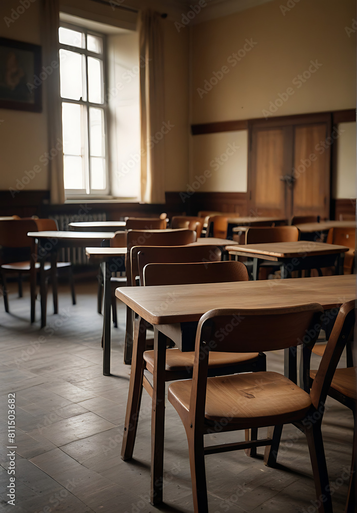 Empty vintage university classroom. Blurred school classroom without students with empty chairs and tables