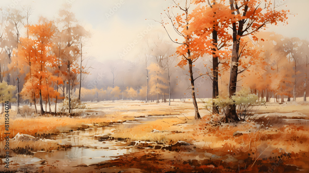 Watercolor autumntime outdoor landscape country road background poster decoration painting