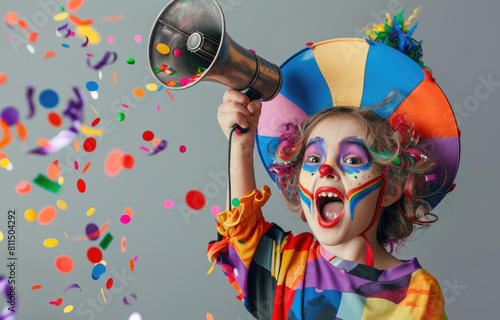 a child wearing clown makeup and holding up an old-fashioned megaphone, surrounded by confetti on a gray background. Web banner with copy space on the right-hand side photo