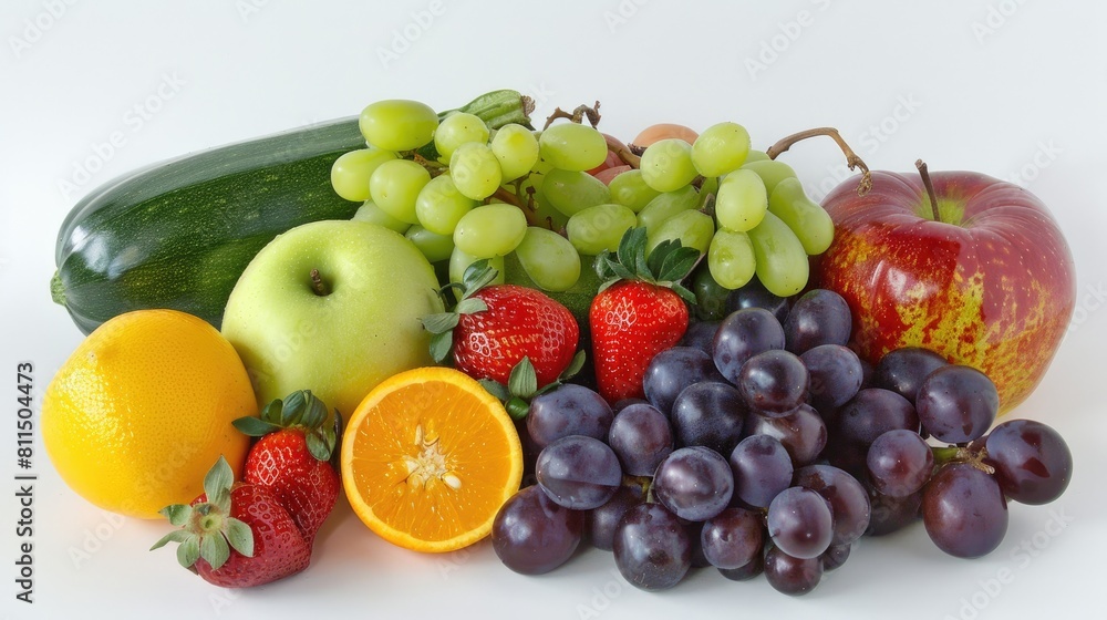 Fruits and vegetables on a blank white surface