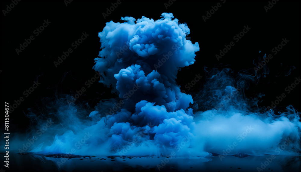 Blue Smoke Explosion Against Black Background. Explosive blue smoke set against a dark black backdrop creates a stunning visual contrast, capturing attention with its vibrant colors.