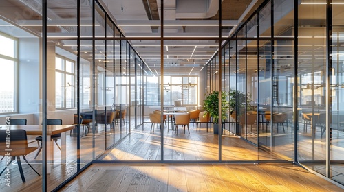 Modern open space office interior with glass walls and chairs inside.