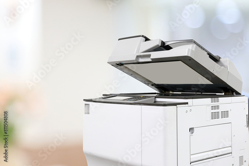 Photocopy or copier or photocopier machine office equipment workplace for scanner or scanning document or printer for printing paperwork hard copy paper duplicate Xerox or service maintenance repair. © Eakrin