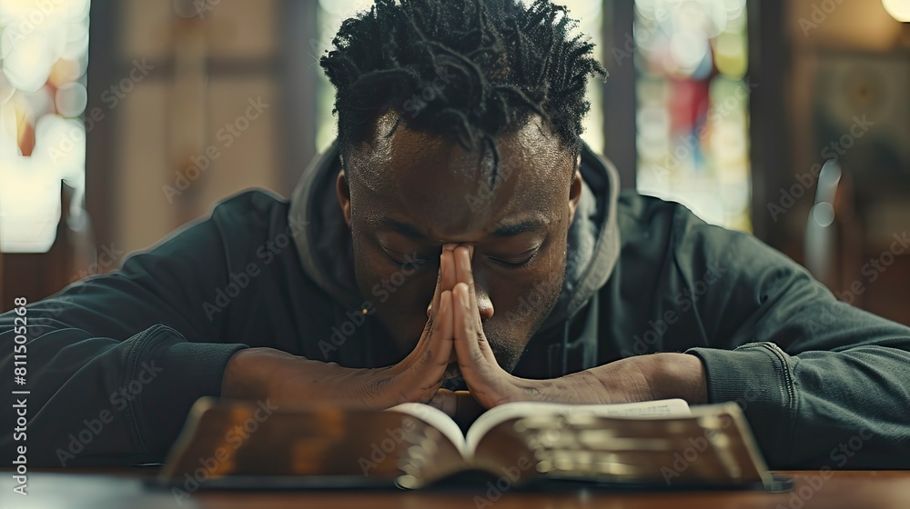 African American Man Praying with Hands on Top of the HolyBook, Praying Hand African American Man Praying with Hands on Top of the HolyBook, Praying Hand