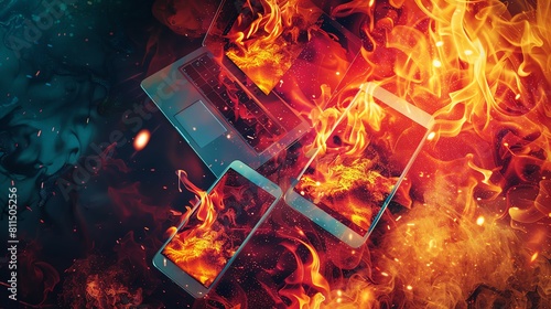 Catch attention with a banner showcasing a firethemed warning against hacking, where flames lick at the edges of digital devices like phones and laptops, signaling the danger of cyber threats photo
