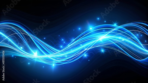 Waved Blue Neon Light Elements Illuminate Abstract 3D Trails with Swoosh Effect, Adding Luminous Depth and Dimension.