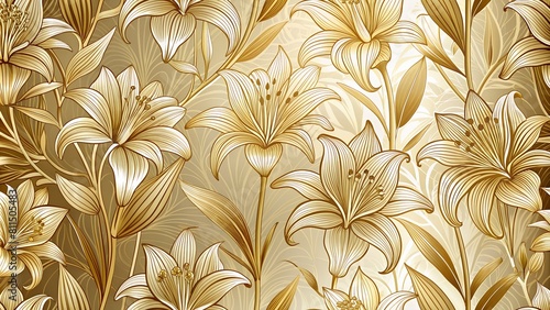Luxury Gold Floral Line Art Wallpaper Featuring Exotic Lily Flowers, Perfect for Textiles, Wall Art, and Wedding Invitations.