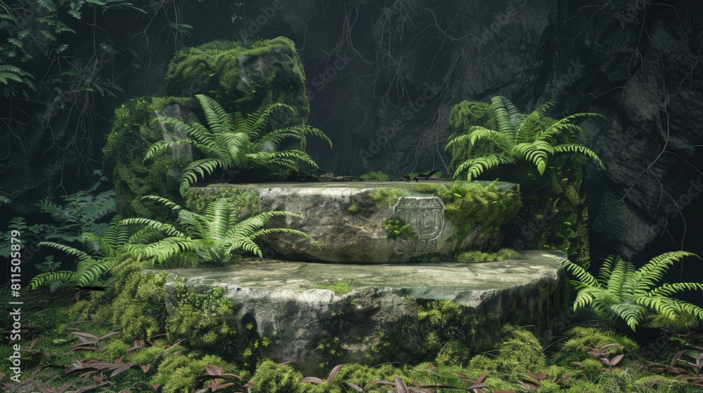 Mossy rock podium with unfurling ferns in an ancient woodland, ideal for items that resonate with timeless, natural themes Mossy rock podium with unfurling ferns in an ancient woodland, ideal for items that resonate with timeless, natural themes