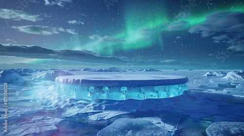 Arctic ice podium under aurora skies, enveloped in frosty air, perfect for displaying products in a crisp, cold environment photo