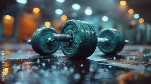 Fitness sport strength training, bodybuilding background - closeup of green barbell dumbbell weights on gym floor, Powerful Strength Training in Vibrant Green Gym | 4K HD Wallpaper 