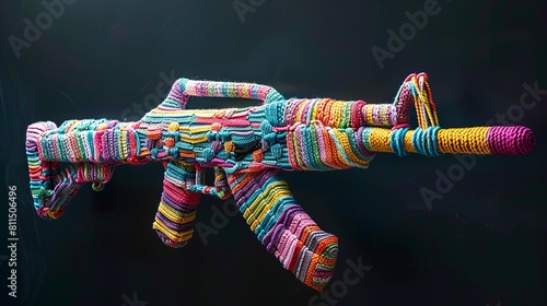 A kalashnikov gun made of beautiful multicoloured knitted whool
