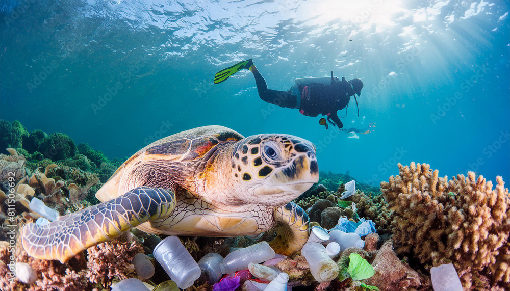 Image of sea turtle swimming in an ocean filled with plastic waste see a diver background. Ocean plastic pollution awareness concept Ocean plastic pollution awareness concept Image of sea turtle swimming in an ocean filled with plastic waste see a diver background. Ocean plastic pollution awareness concept Ocean plastic pollution awareness concept