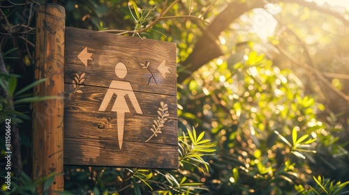 Gendered Restroom Sign on Wooden Plaque with Arrow and Nature Background photo