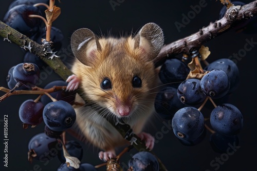 A little hazel dormouse with small ears and dark blue plums on the branch of a hawthorn, photo