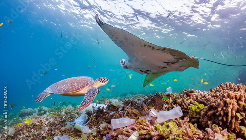  Image of sea coral reefs with manta rays and sea turtle swimming in an ocean filled with plastic waste. Ocean plastic pollution awareness concept 