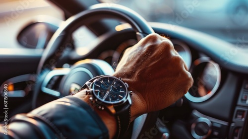 Portrait of hand wearing luxury watch holding steering wheel, driver concept, AI generated image