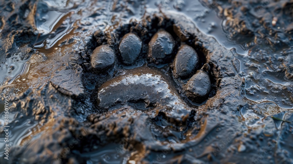 Fresh animal paw print embossed in wet mud, detailed texture visible Fresh animal paw print embossed in wet mud, detailed texture visible