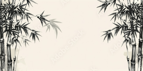 Detailed handdrawn black and white illustration of bamboo trees on a blank white background with copy space for text