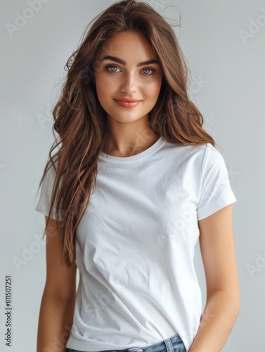 Woman wearing white tshirt mockup created with generative AI © dendyh7