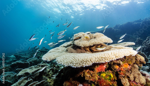 Image of under the sea with Coral bleaching phenomenon on small fish and sunlight background.