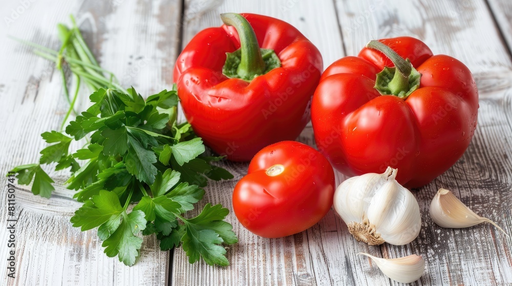 Red bell pepper tomatoes garlic and parsley on a backdrop of white wood Red bell pepper tomatoes garlic and parsley on a backdrop of white wood