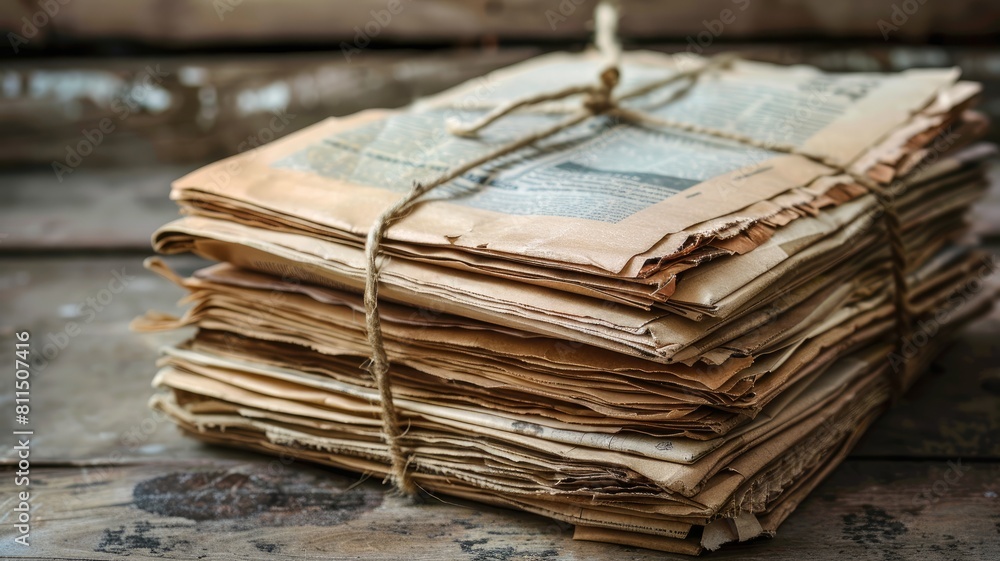 Stack of old, worn newspapers tied with string Stack of old, worn newspapers tied with string