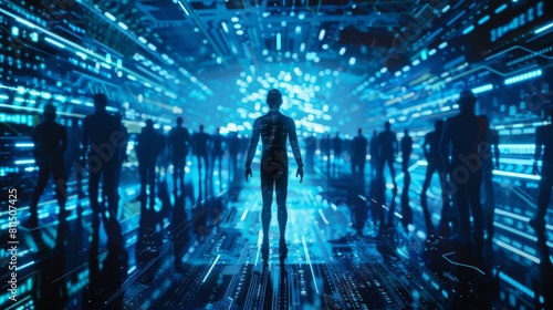 Blue translucent man stands in a digital world. Best Job Candidate HR human resources technology.Online and modern technologies for simplifying the human resources 