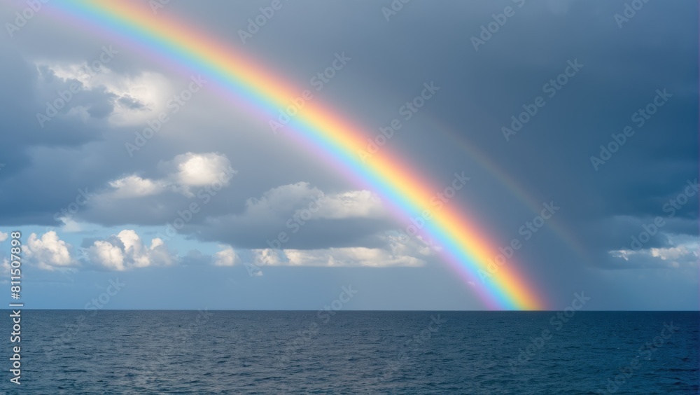 rainbow in a stormy sky over the sea and island