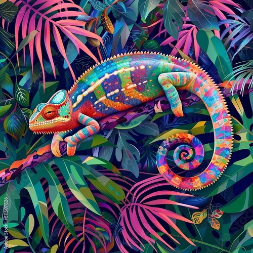 abstract illustration of a colorful chameleon lying on a branch