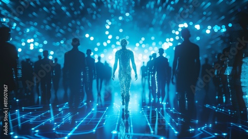 Blue transparent man walking through a crowd of black shadow people. Best Job Candidate HR human resources technology.Online and modern technologies for simplifying the human resources  #811507867