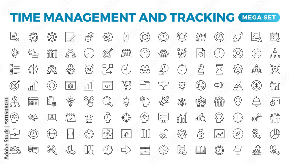 Business and management line icons set. Management icon collection. Project management icon collection. Time management and planning concept. Outline icon set.