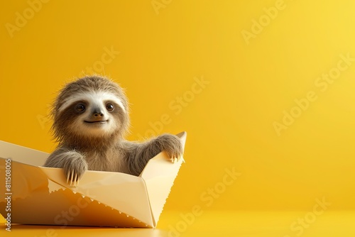 baby sloth sitting on a paper boat, yellow background banner photo