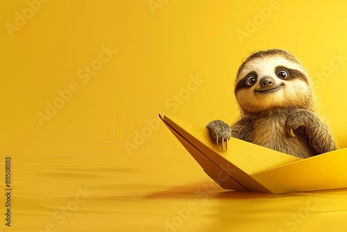 baby sloth sitting on a paper boat, yellow background banner photo